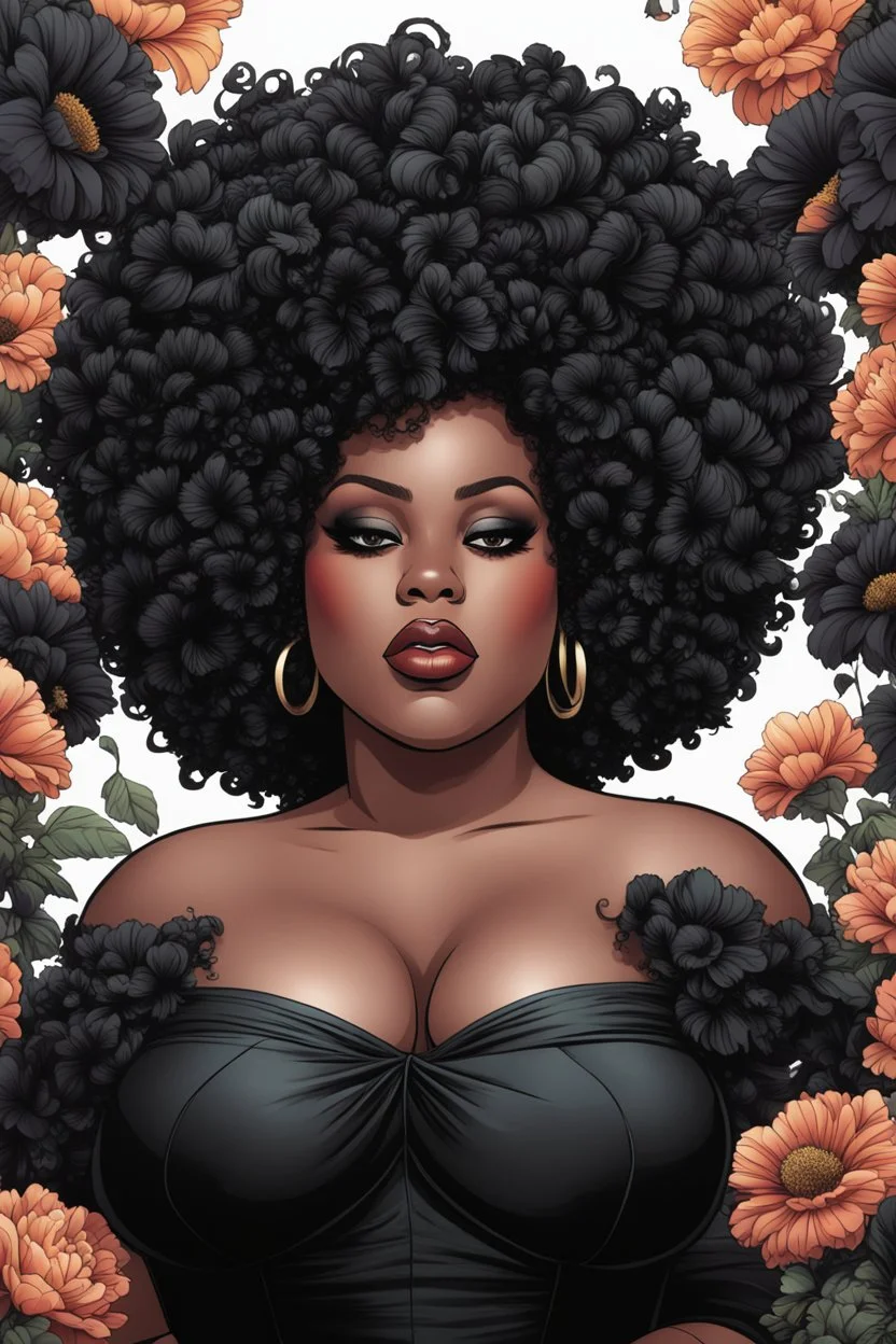 Create an comic drawing image of a plus size black female wearing a black off the shoulder blouse and she is looking down with Prominent makeup. Highly detailed tightly curly black afro. Background of large black flowers surrounding her