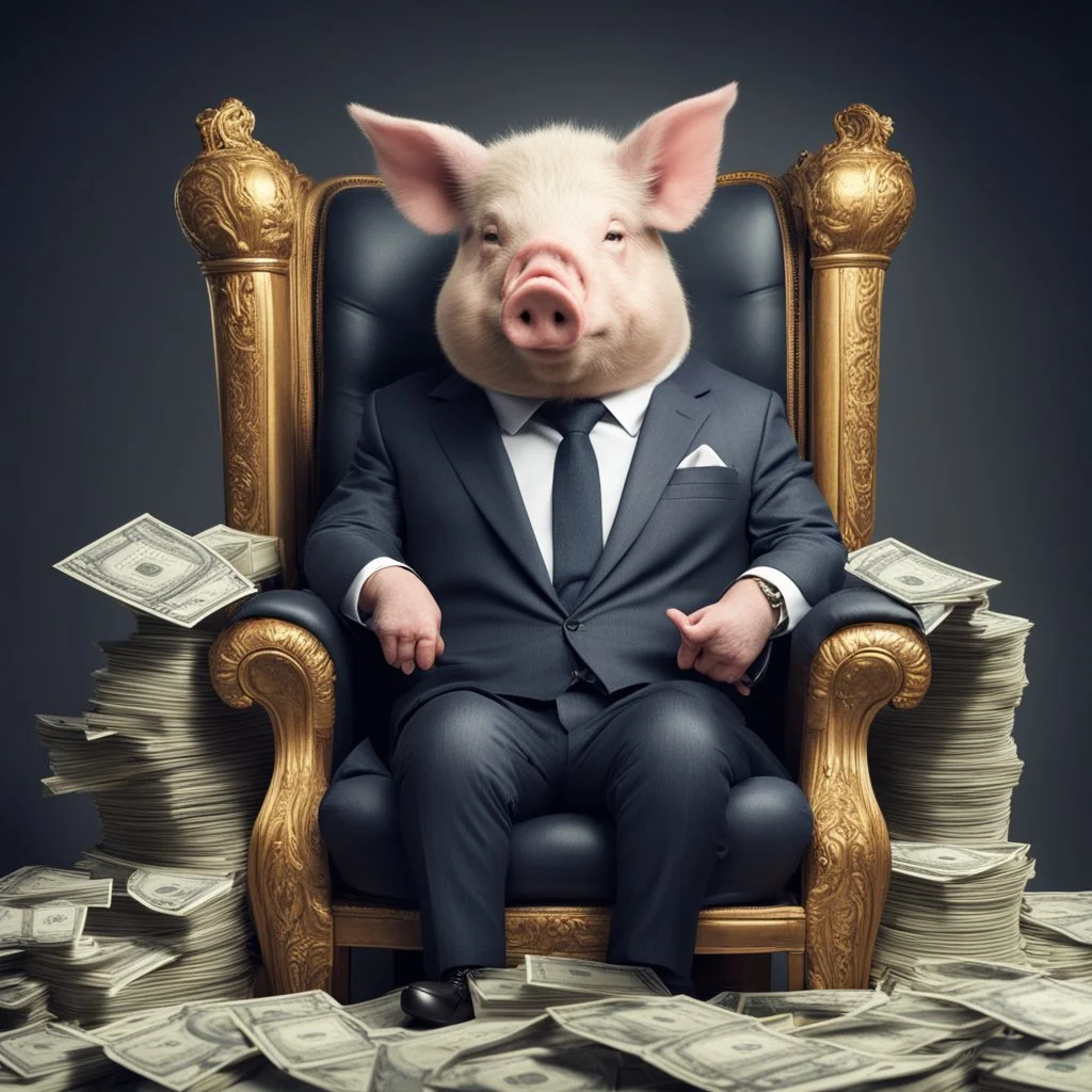 rich pig in suit on a throne making stacks of money by making a deal with a buisnessman