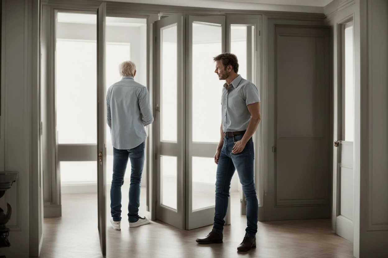 man in jeans and a shirt standing in a room of doors
