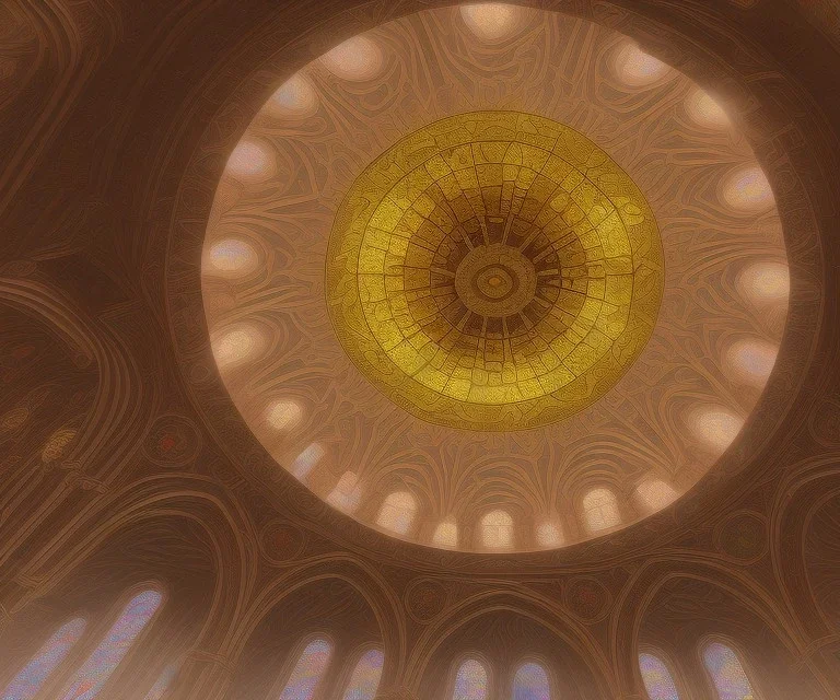 Stained glass Rose under glass dome embossed in a cathedral global illumination