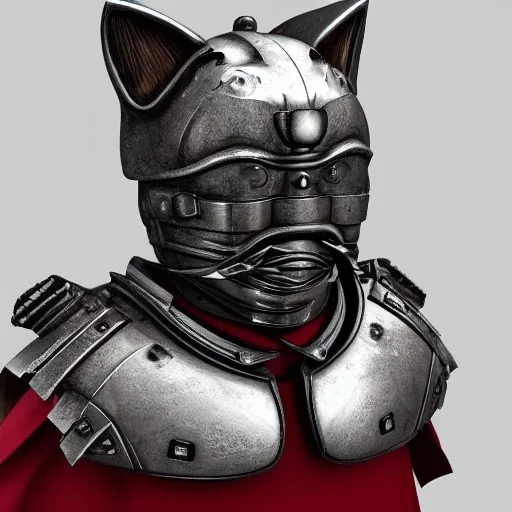 Chat, Modélisme trois dimensions, anthropomorphique, habillé comme un samurai, armure très détaillée, argent, rouge sang, réalisme