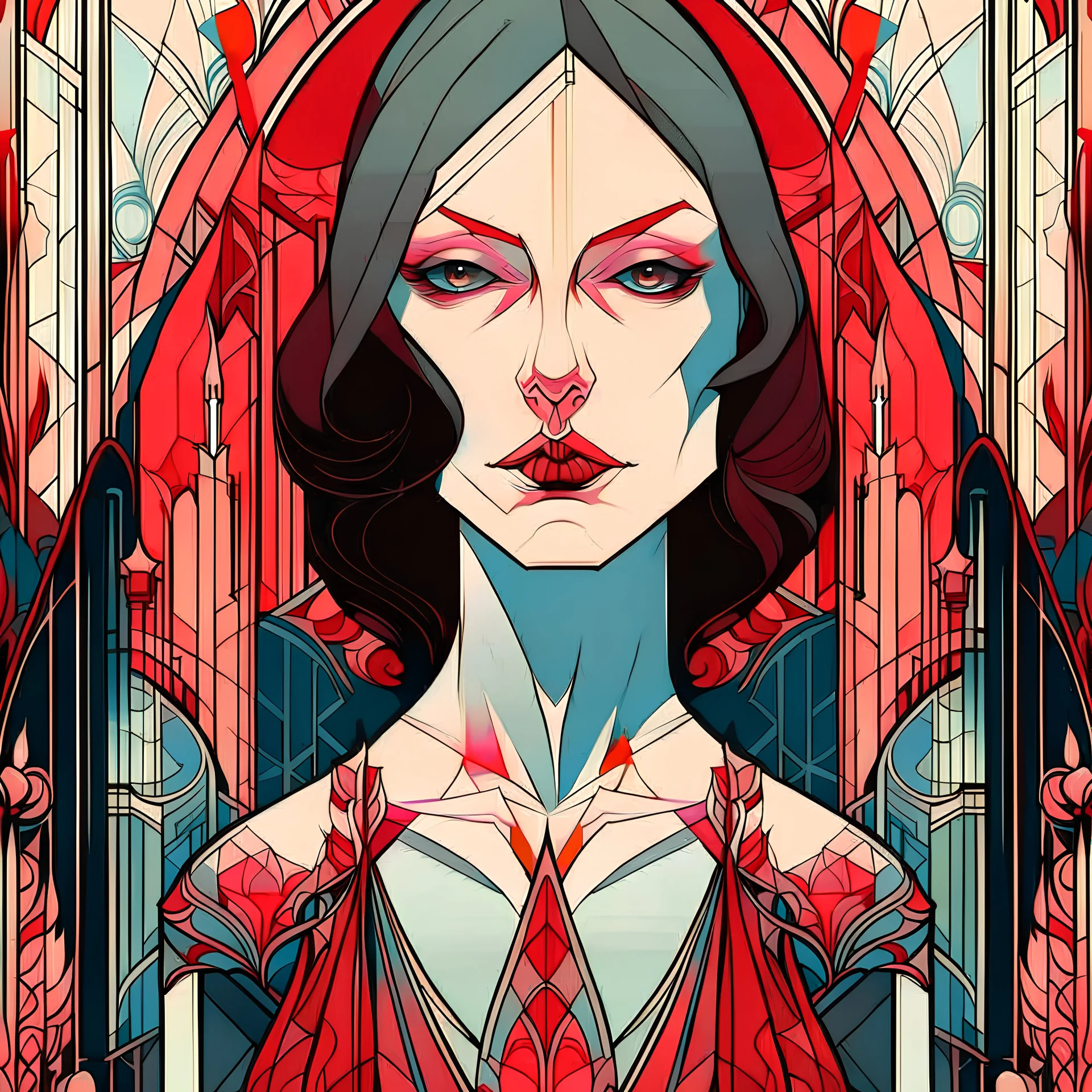 Drawing of a stunning feminine 1920s witchy gothic woman, accused of poisoning her lover, muted and subtle pastel Art Deco colors, Cubism style, red cathedral background, dark ambient, Art Noveau line art style, 8k