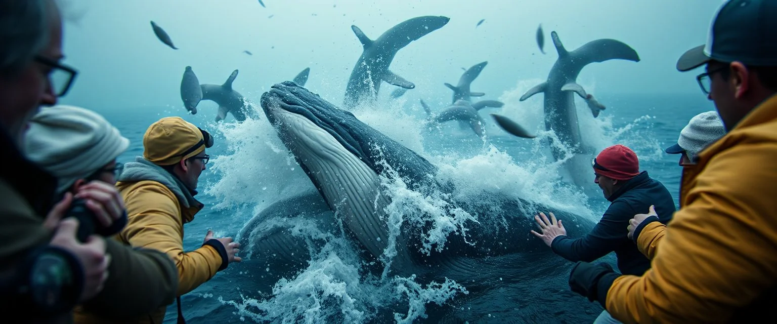 close up on scared people, collisions, aggression, ship hitting animals, animals interacting with vehicles, whales near boats, overlapping subjects, chaotic composition, distortion, surreal behavior, violence, confusion, merged objects, happiest whale ever