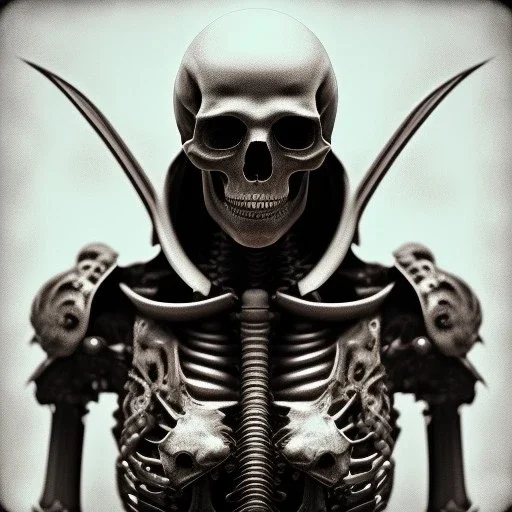 skeleton warrior full with blood in hr giger style, steam punk, realistic, made in octane, cinematic, ultra-realistic, extremely detailed octane rendering, 8K, VRAY Super Real ar 2:3, dof photorealistic futuristic 50mm lens hard lighting dark gray tintype photograph, realistic lighting, sepia color