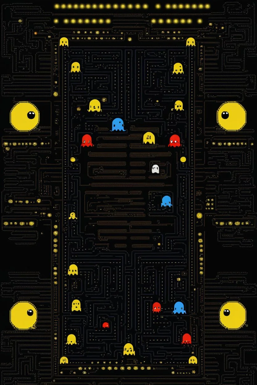 playfield of pac-man with ghosts in ascii art