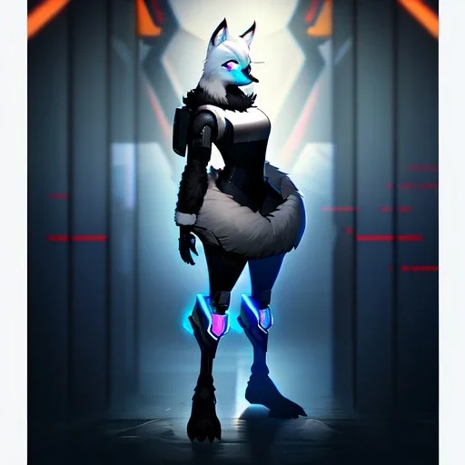 a fox fursona, darker colors, master quality, backlighting, soft lights, full body portrait, in frame, 8k, perfectly drawn face, well drawn, realistic, humanoid, furry, cyberpunk, digitigrade legs, fur, female