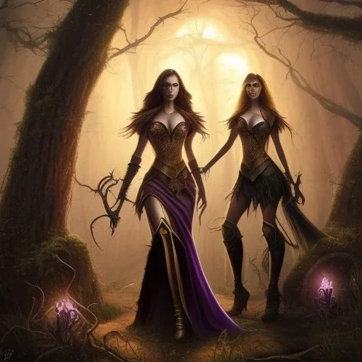  Womans witchs horners in the dark forest