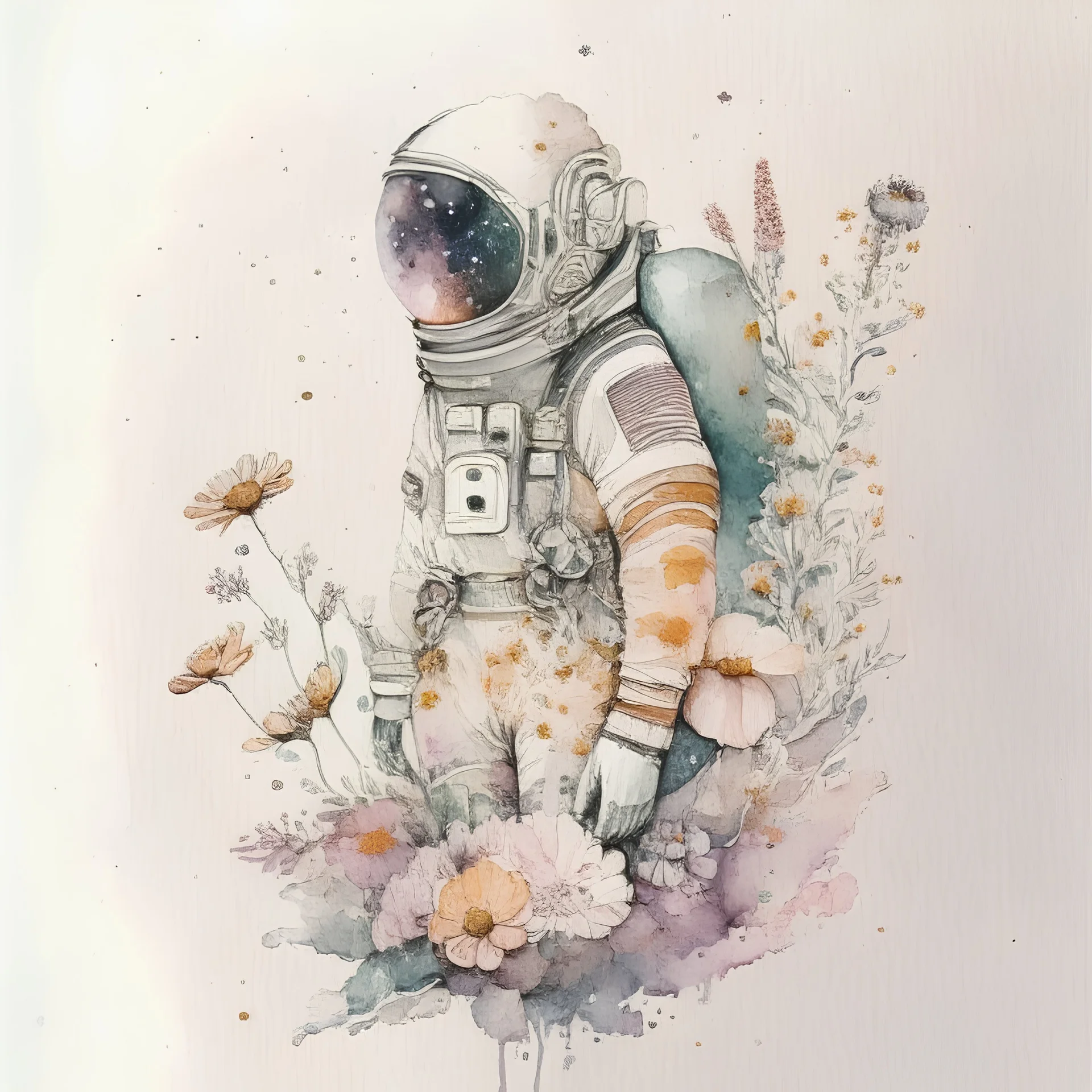 "floral astronaut" hand-drawn watercolor, muted tones, flowers everywhere, REALISTIC