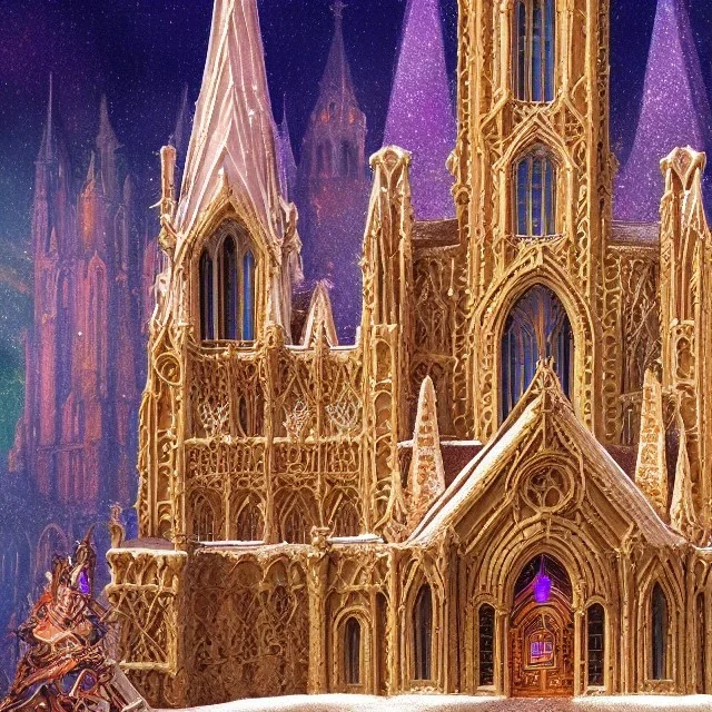 grand cathedral made of gingerbread with vibrant rock candy as windows, 8k resolution, centered, high-quality, ultrafine-detail, ornate, digital art, flickering light, baroque, detailed matte, volumetric lighting, illustration, 3D octane render, brian froud, howard lyon, George Grie, greg rutowski,