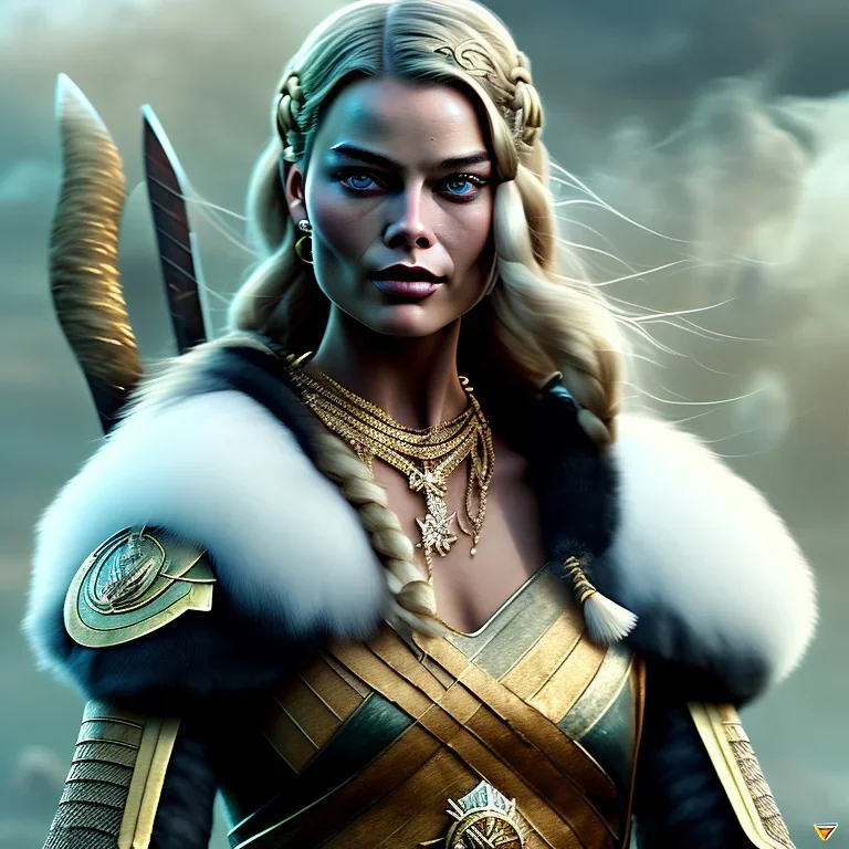 only margot robbie, fly hair, mist around, highly realistic, highly detailed, viking clothes, mist around, smoke