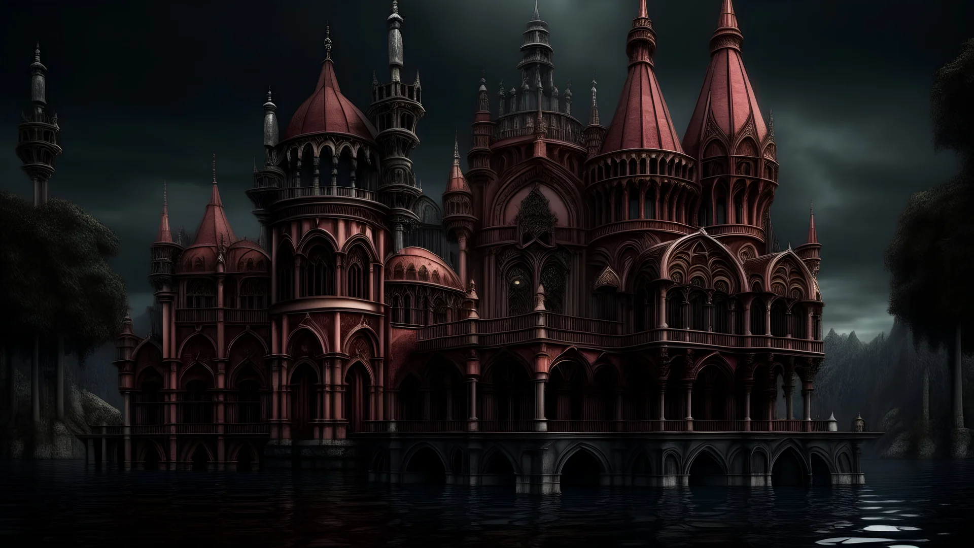 A surreal, fantastical scene depicting an ornate, gothic-style architectural structure with intricate details and arches with a reddish-brown color scheme, appearing to be made of stone. The buildings feature various architectural elements like columns, windows, and balconies. The background has a dark, moody atmosphere with a body of water in the foreground.