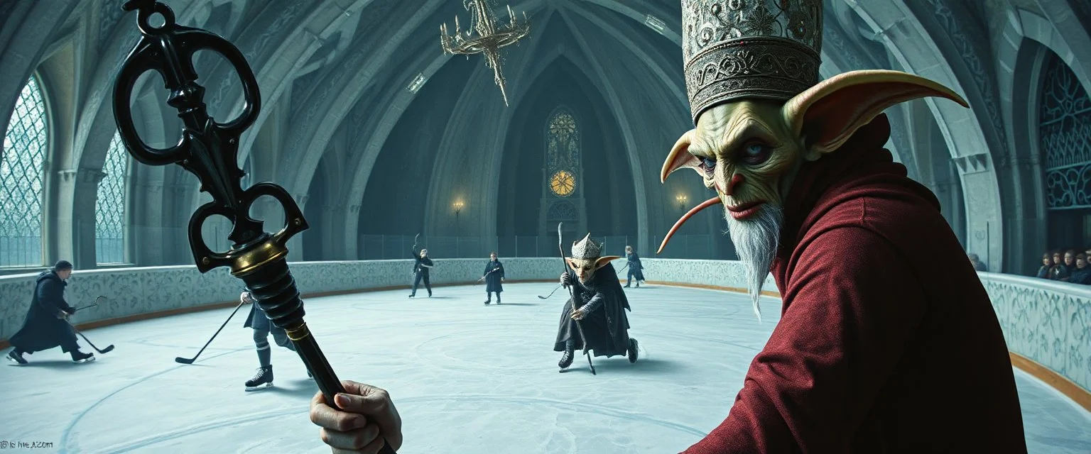 portrait of ice queen with bishop staff, pin hole cam, master oil painting by Rembrandt, d&d glam rock and glitter vampire gremlin illithid and lich playing hockey in ice skating hall or church, in the style of giger and escher, sci fi with floating little saucers