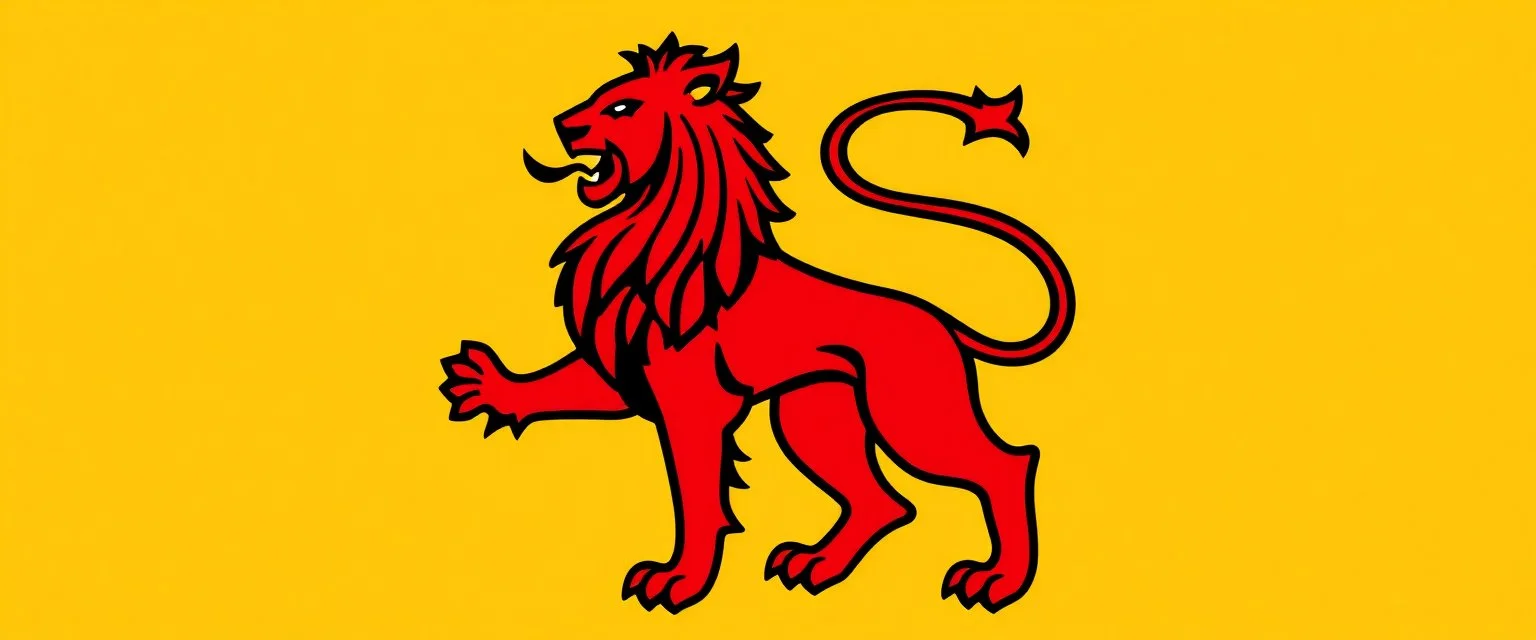 wide heraldry Lion, full body , black outline and red interior on yellow background, simplified vector logo