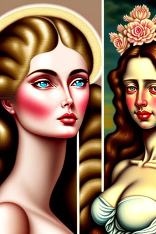 a striking image of the birth of Venus, exactly in the famous style, she is surrounded by modern style realistic and detailed images of ladies with facelifts, Botox lips, too much makeup, fake beauty , they look at her jealously as their fake beauty cannot overshadow the natural beauty of Venus