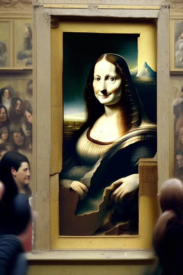 Mona Lisa climbing out of her portrait at the Louvre