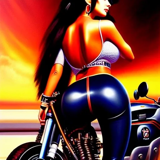 portrait of busty beautiful 'Female Rider on Shotaro Kaneda's Bike',painting by Earl Norem, simon Bisley, evan lee, 86-86, oil on canvas, cinematic composition, extreme detail,fit full head inside picture,8k