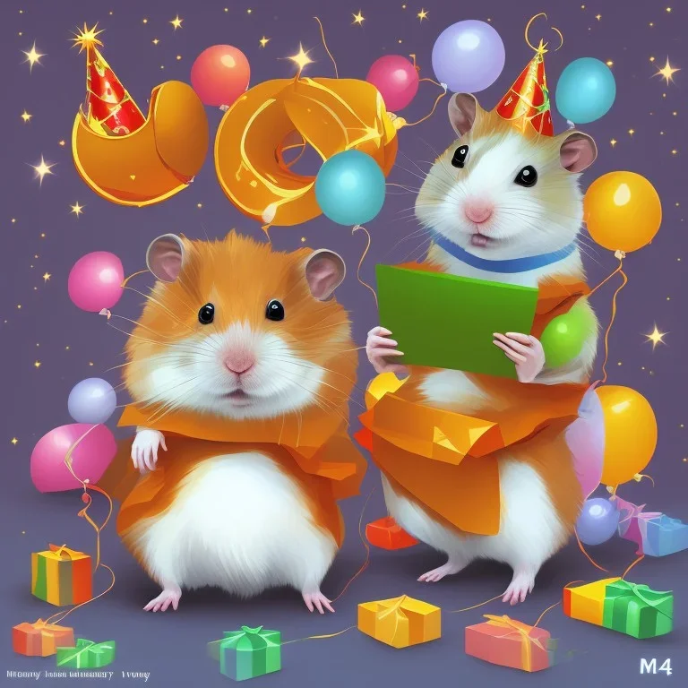 hamster and present with a card happy birthday written on it