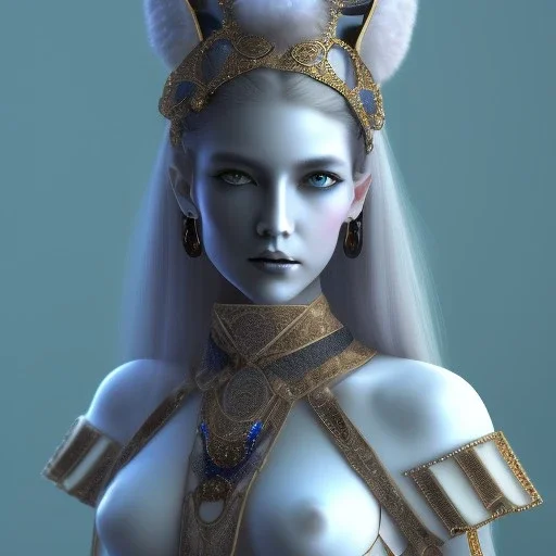 she had a blue mantle over her, with strings for the neck, and it was inlaid with gems quite down to the skirt. On her neck she had glass beads. On her head she had a black hood of lambskin, lined with ermine. A staff she had in her hand, with a knob thereon; it was ornamented with brass, and inlaid with gems round about the knob. Around her she wore a girdle of soft hair