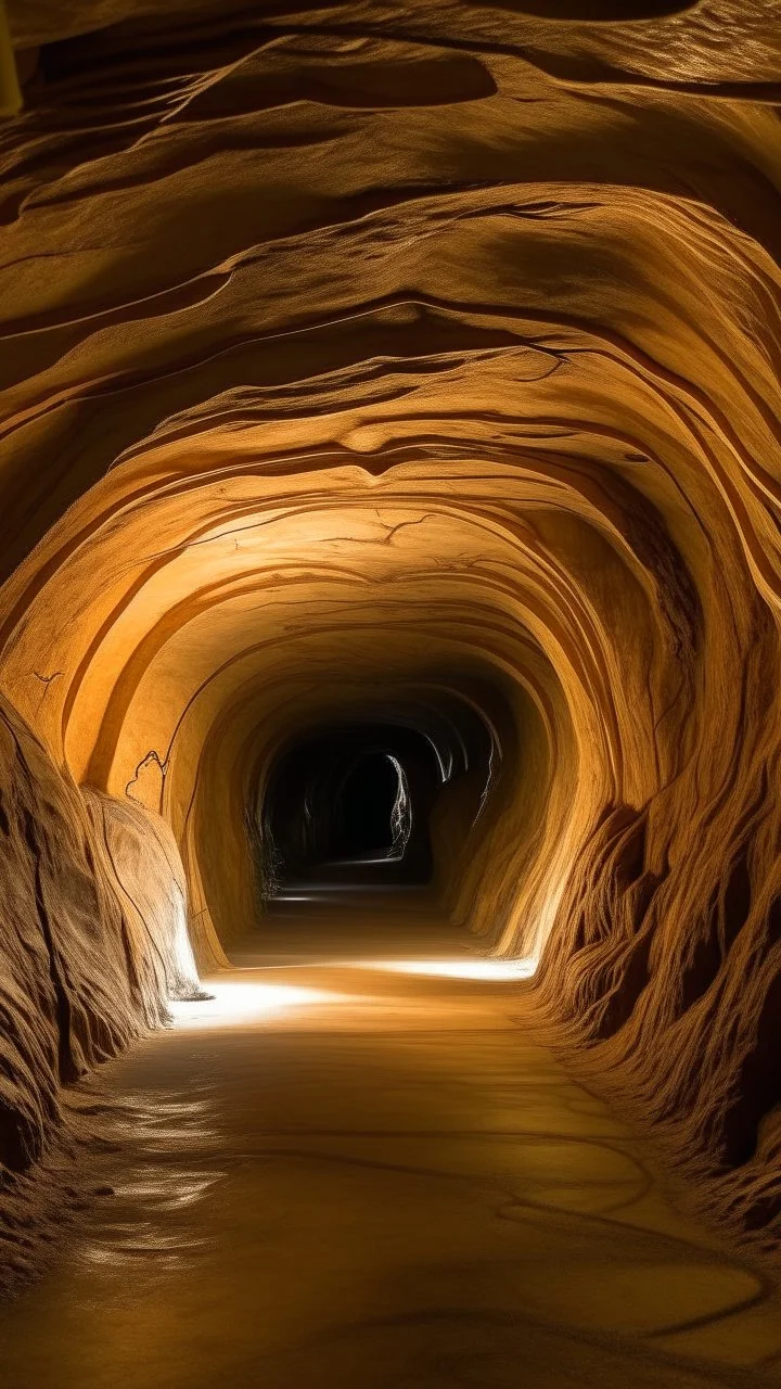 A tan twisty underground tunnel designed in cave paintings