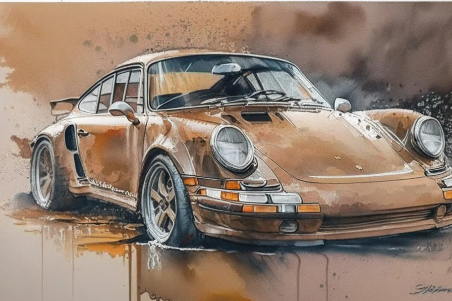 oil paint watercolor pastel acrylic ink the most beautiful brown Porsche 911 ever, award-winning, gorgeous, emotional.