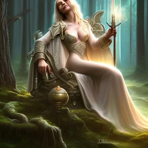 romantic fantasy spray painting, close up on ultracute blonde robed poet sitting on huge marble throne, loosing torch in magical forest