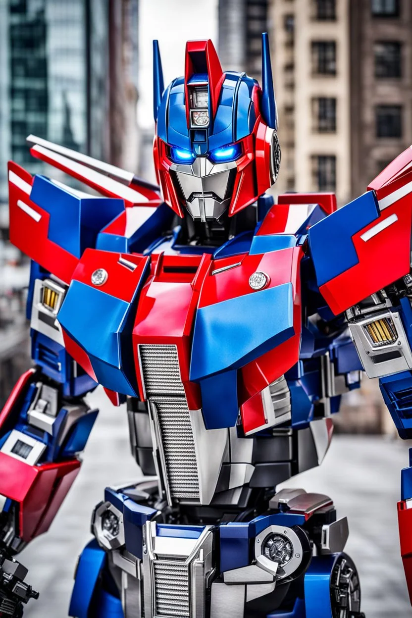 Photography A picture cyber mechines transformer Optimus prime ,with surface coated chrome polished details, city background