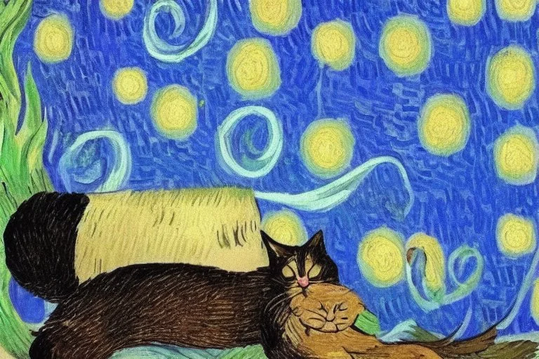 cute sleeping cat in van gogh style