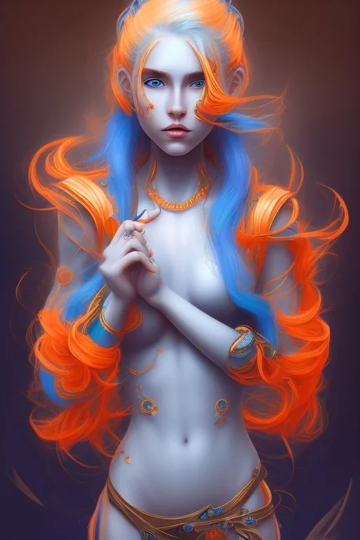 human kingfisher girl with blue hair and orange strand of hair