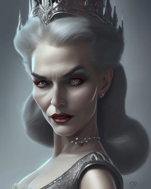 old evil queen in black leather gown, femme fatale, volouptous, busty, cleavage, angry, emperious, 8k resolution concept art portrait by Greg Rutkowski,