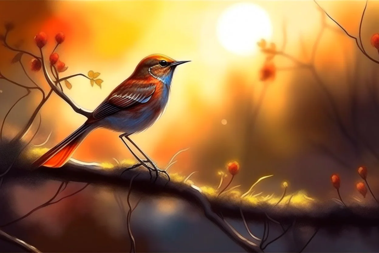 Nightingale on a branch in a thick hedgerow, singing, the breath draws a misty swirling pattern, sunrise, warm colors, smooth intricate high definition beautiful lighting watercolor dramatic lighting polished deep color warm light