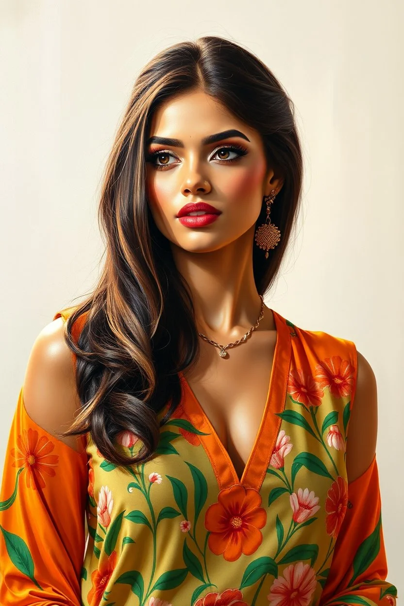 Indian woman with shiny glowing skin, glossy lips, bright makeup, long silky hair, in designer satin sleeveless deep-neck orange and green 3D floral kurta, dynamic pose, hyper realistic oil painting