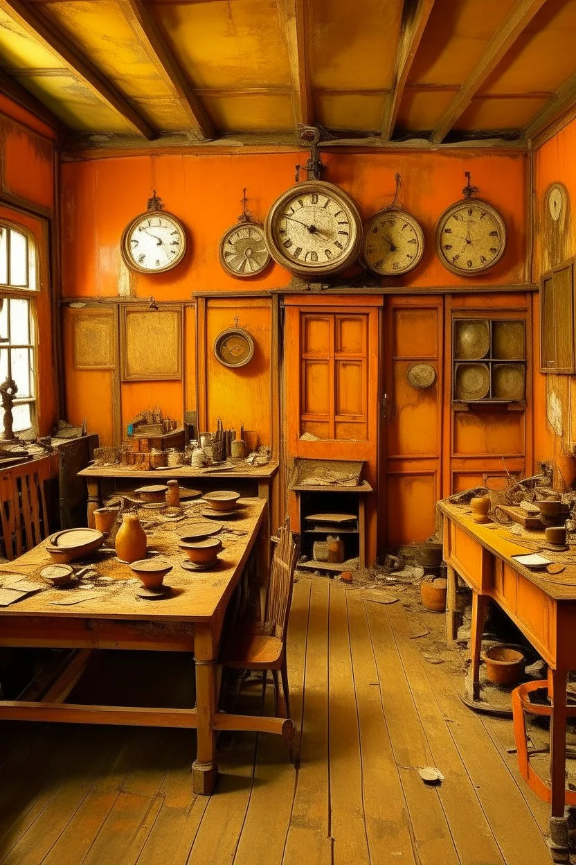 A yellowish orange colored workshop with clocks painted by Claude Monet