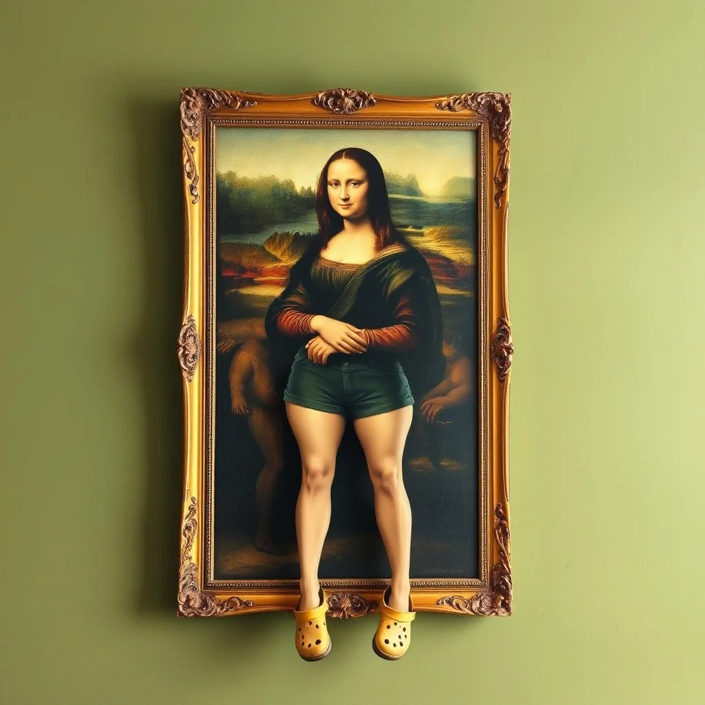 A painting of Mona Lisa on the wall, the frame with shorts and Crocs attached to her human legs