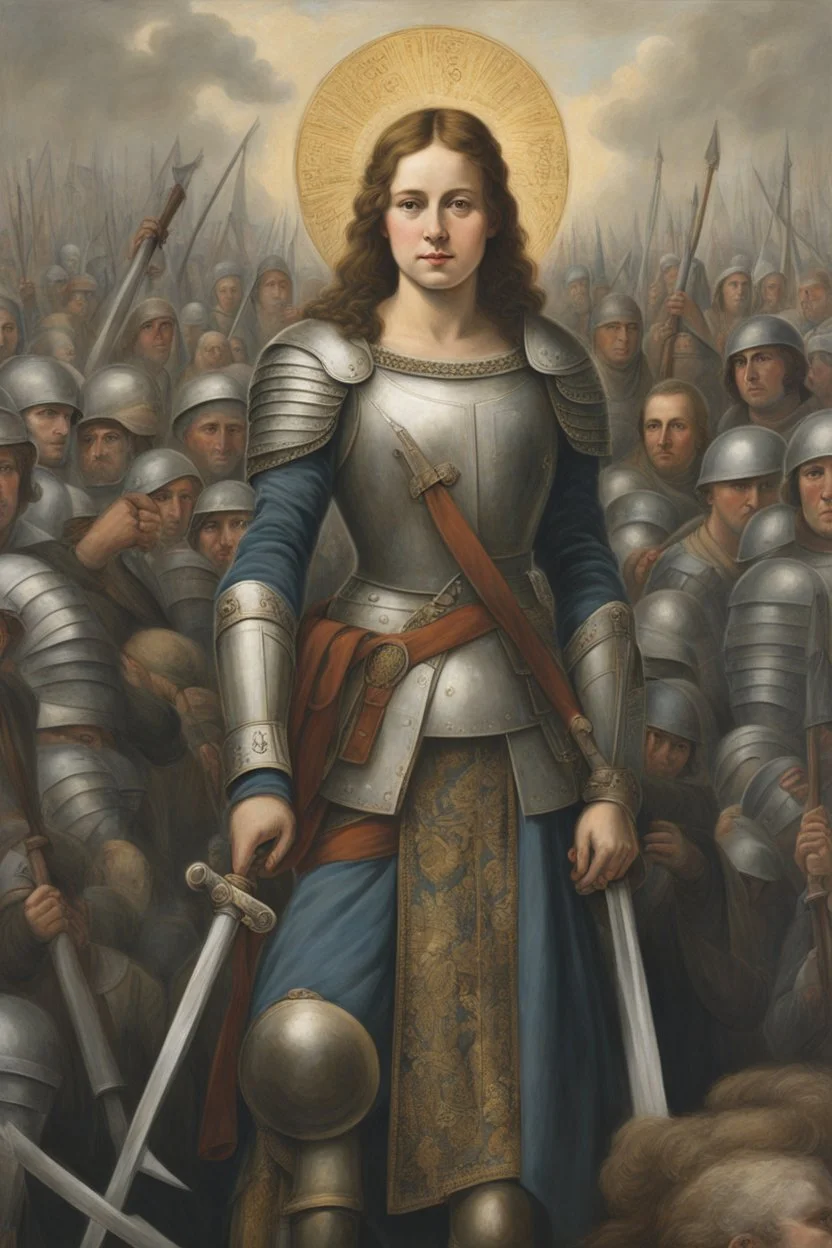 Portrait Art **Featured Art:** The Savior of France: A piece showing Joan leading an army, with the soldiers representing the labor force. Their faces could be made up of words or symbols representing labor rights and laws. **Appearance:** art ideas that encapsulate the essence of Joan of Arc (an French female / women patron saint of France, honored as a defender of the French nation for her role in the siege of Orléans and her insistence on the coronation of Charles VII of France during the Hun