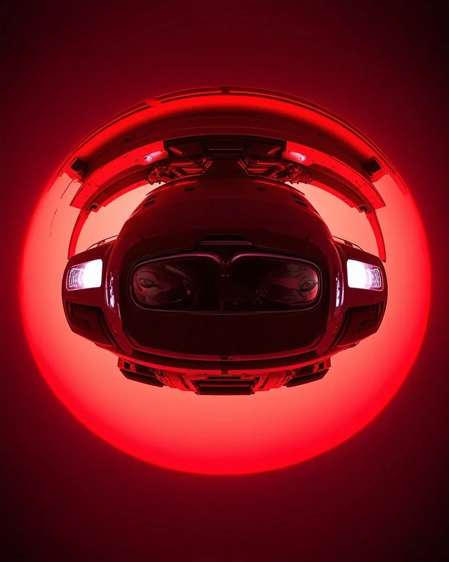 low view angle shot down from upper left front and showing the full vehicle, a RETROFUTURISTIC HOVERING CRAFT OF ALIEN ORIGIN, large close up a beautiful look up modern is decorated with red abstract, all red background, fisheye lense, vray, raytracing