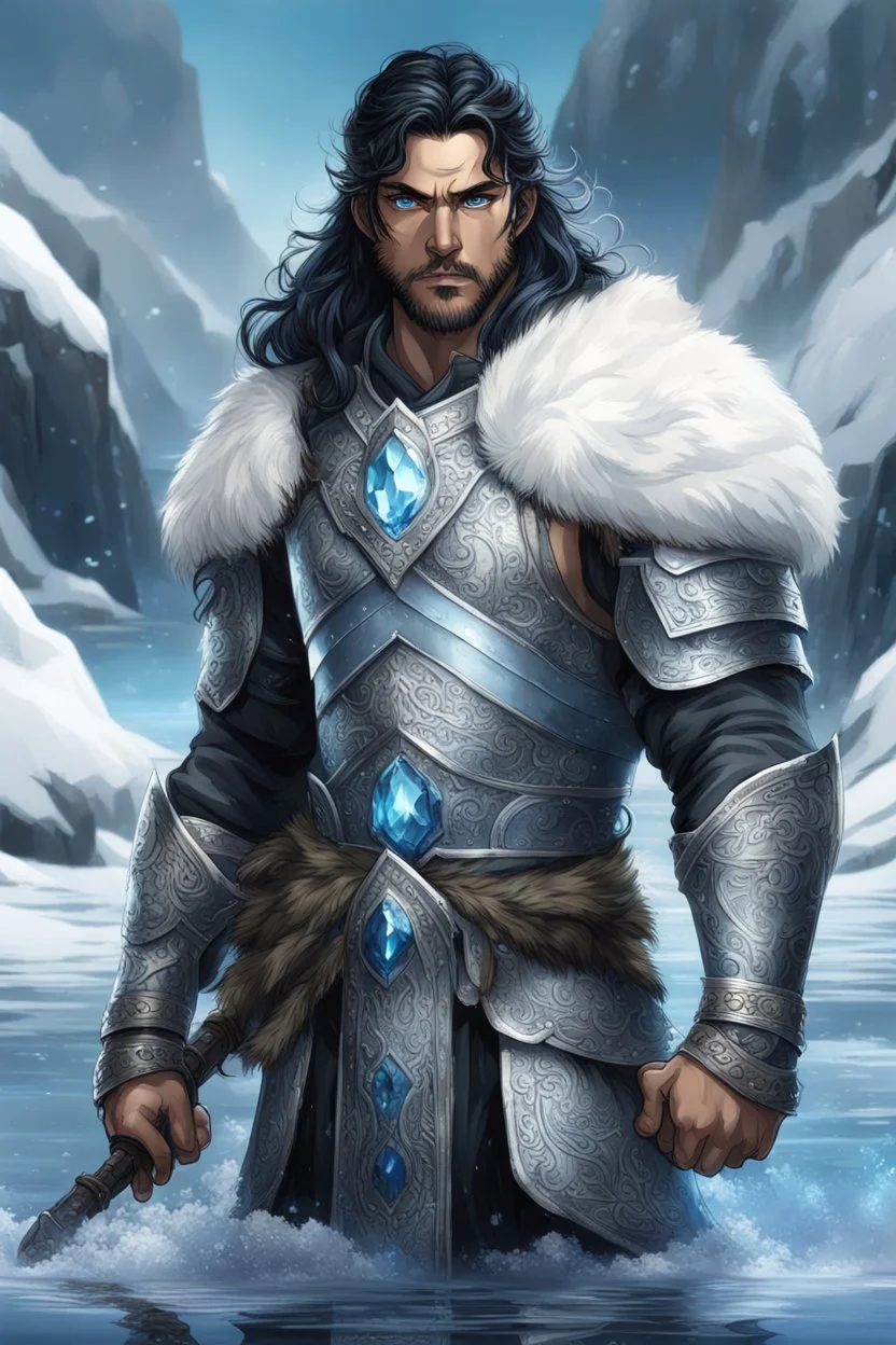 1 mana warrior, with blue eyes and black hair man in silver Viking armor with fur around the neck with blue crystal on his chest , standing in water in the artic, warrior in anime style,