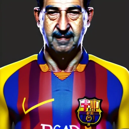 portrait of sadam hussain, head and torso, fc barcelona jersey number 1 0, dark blue, maroon red, unreal engine 5, trending on artstation, octane render