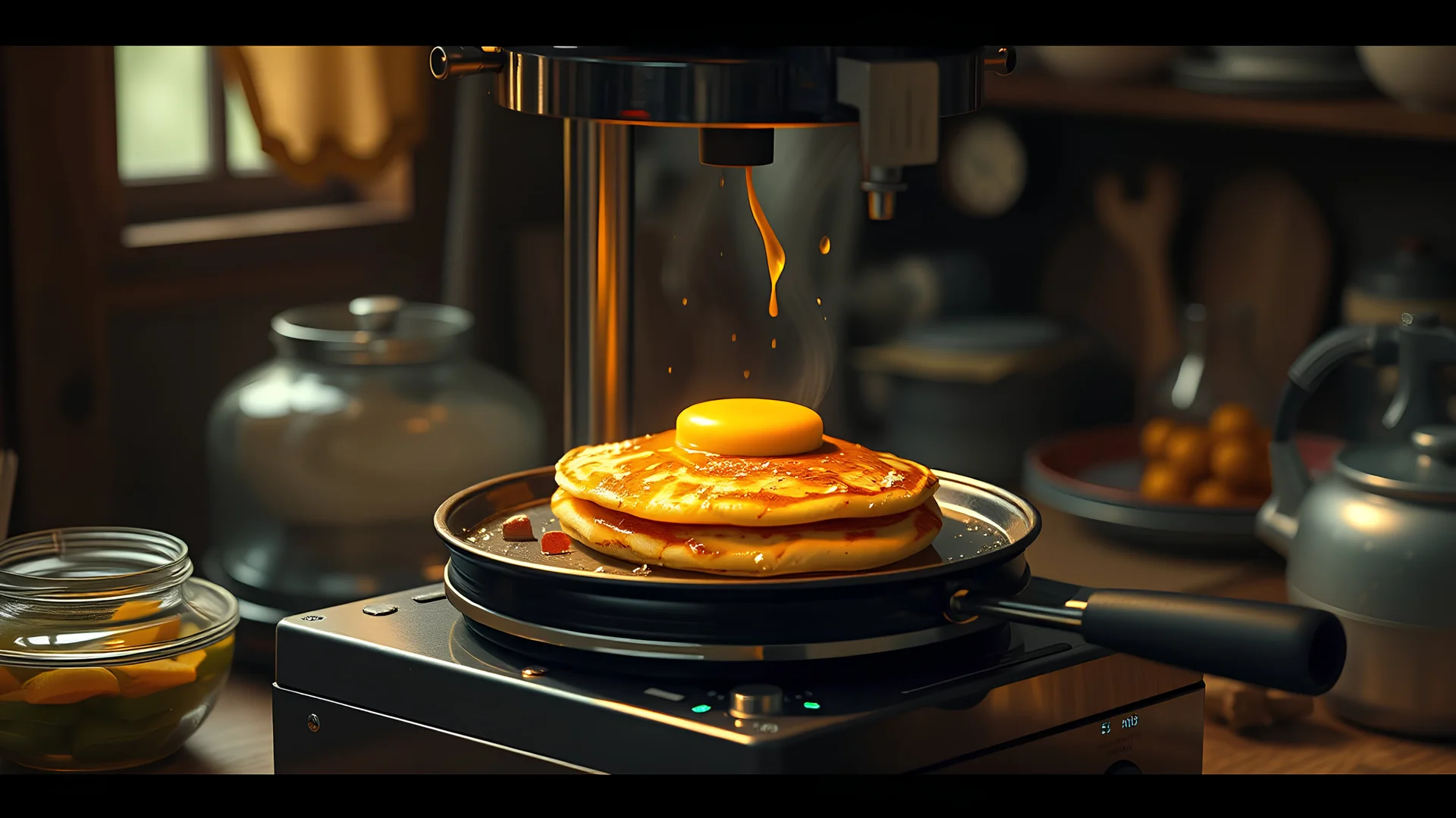 Machine to make pancakes in the style of Heath Robinson, exquisite composition, beautiful detailed intricate insanely detailed octane render trending on artstation, 8k artistic photography, photorealistic concept art, soft natural volumetric cinematic perfect light, chiaroscuro, award-winning photograph, masterpiece, raphael, caravaggio, greg rutkowski, beeple, beksinsk