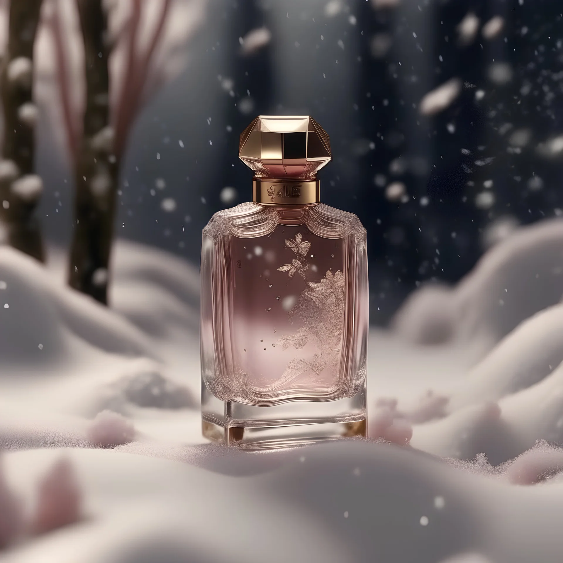 generate me an aesthetic image of perfume for Perfume Bottles in snowfall