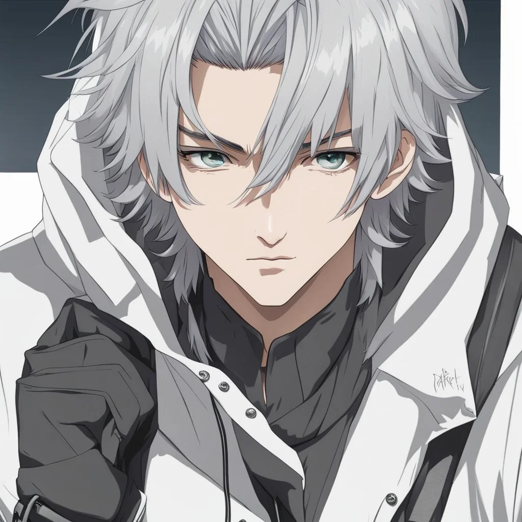 A stunningly detailed (((headshot portrait))), capturing the essence of a young man in his 20s with silver hair and piercing gray eyes, exuding a sense of confidence and protection, anime realism style