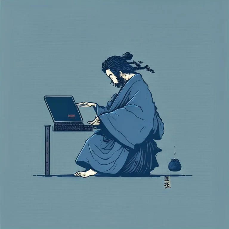 minimalistic programmer in the style of hokusai