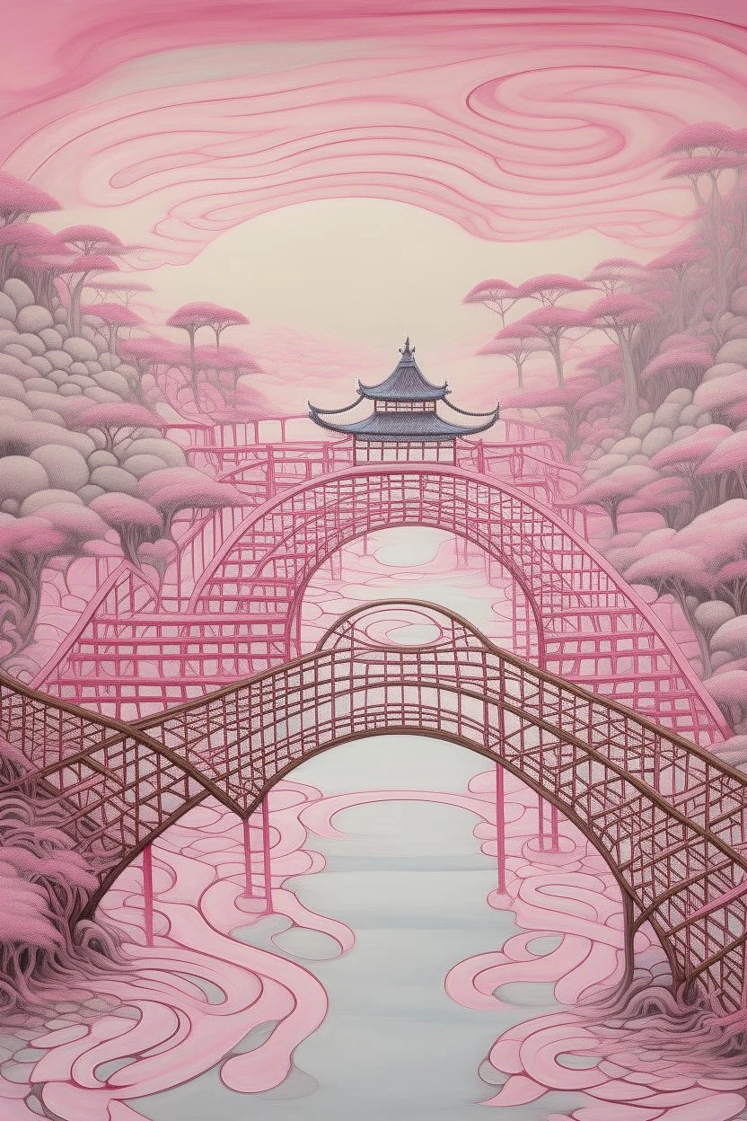 A light rosy pink mystical maze with a bridge painted by Cai Jia