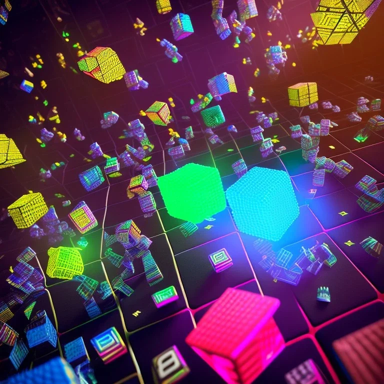 kente scene, thread, melt Rubik's cube, flying symbol, cyberpunk floor, embroidery, octane render, high detail