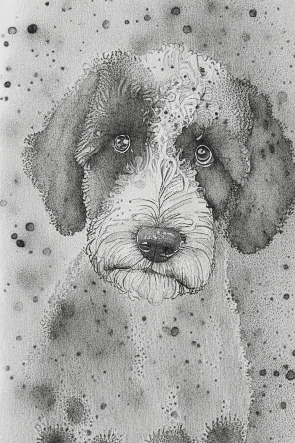Abstract wet watercolour of a black and white bernadoodle, ink lines, interlinked circles, detailed,focus on eyes, watercolour paper