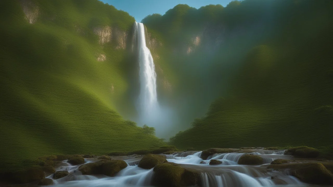 The image showcases a mesmerizing view of a massive waterfall cascading from the top of a mountain hill, with the waterfall soaring to a great height and flowing forcefully into the valley amid lush green trees and vegetation. The image reflects the beauty and power of nature and its enchanting impact on the surrounding environment, inviting viewers to explore these magnificent natural landmarks around the world.