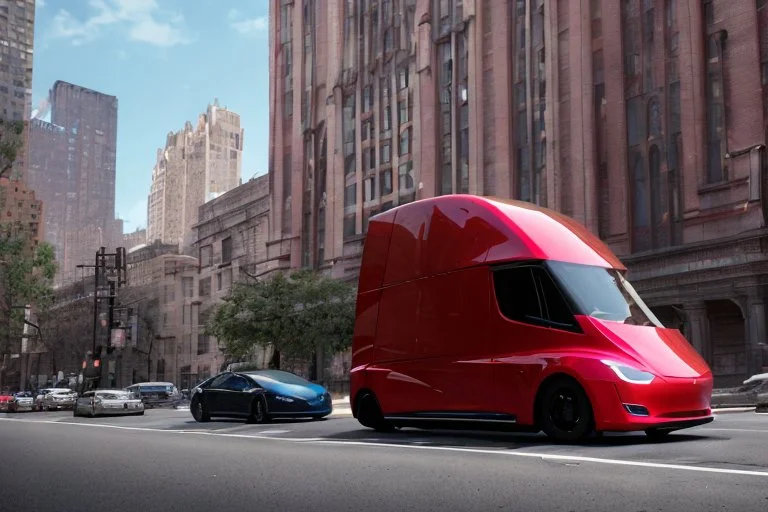 A Tesla 'Semi' (semi truck) is parked, near the 'Central Synagogue' in New York City. (CINEMATIC, WIDE ANGLE LENS, PHOTO REAL)