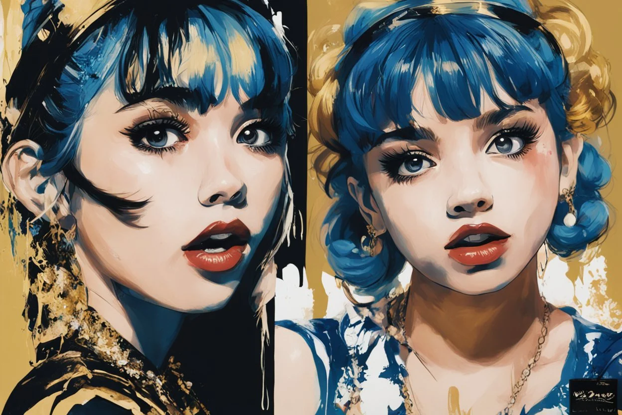 Poster in two gradually, a one side the Singer Danish MØ face and other side the Singer Melanie Martinez face,, painting by Yoji Shinkawa, darkblue and gold tones,