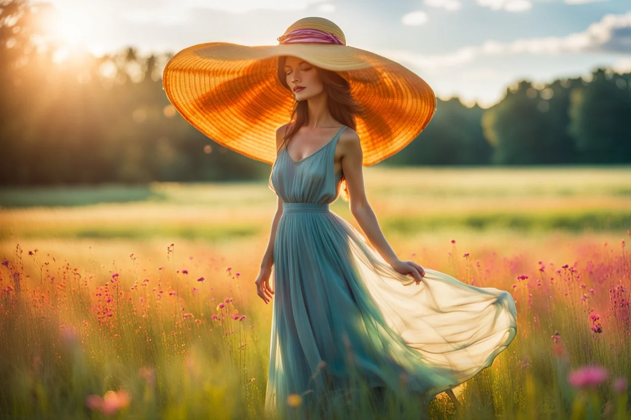 A young woman, elegantly adorned in a large summer hat and a flowing dress that matches the vibrant hues of the surrounding meadow, stands confidently in the center of a vast field. Her eyes are closed, a gentle smile playing on her lips as she feels the warm embrace of the sunshine and the tender kiss of a soft summer breeze. The meadow is a canvas of harmony, painted with a dazzling array of wildflowers that dance and sway in the little wind. The blue sky