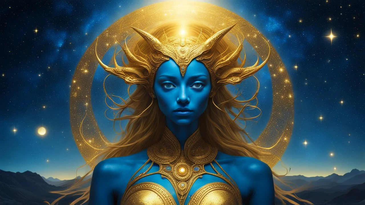 The goddess appears on a starry night. Her eyes glow with an unearthly hue, and her antennae move delicately in the void of space. The body, shrouded in a golden aura, glows, reflects the light of the surrounding stars. Blue, Despite her alien appearance, her beauty is almost otherworldly, conveying a sense of calm and mystery.