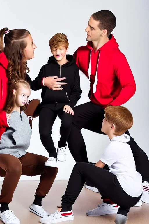 Studio shot of a beautiful european family with a mother with shoulder length blonde hair dressed in workout clothes a father with brown hair dressed in sweatpants and a black zip up hoodie a young teenage boy with brown hair dressed in comfortable clothes a young woman with red hair and dressed like an egirl a young athletic boy with messy red hair dressed in popular clothes a messy looking 5 year old with red hair and a goofy smile a toddler with blonde hair dressed in pajamas